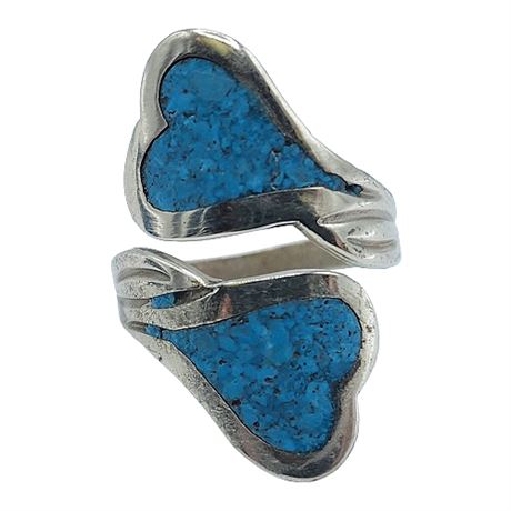 Alpaca Silver Turquoise Chip Hearts Ring, Sz 7