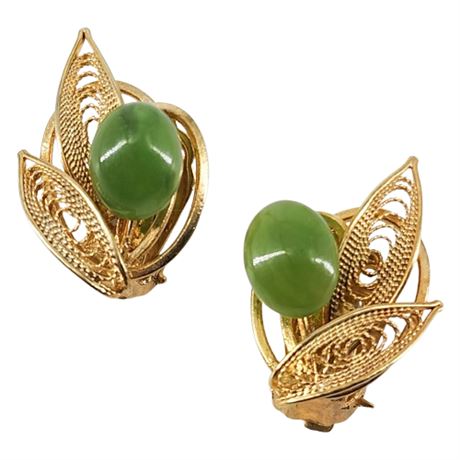 Vintage Gold Tone Filigree & Nephrite Jade Clip Earrings