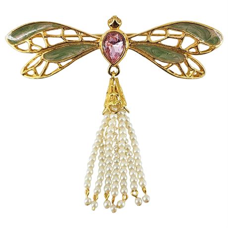 Vintage AVON Enamel & Rhinestone Dragonfly Brooch w/ Faux Pearls