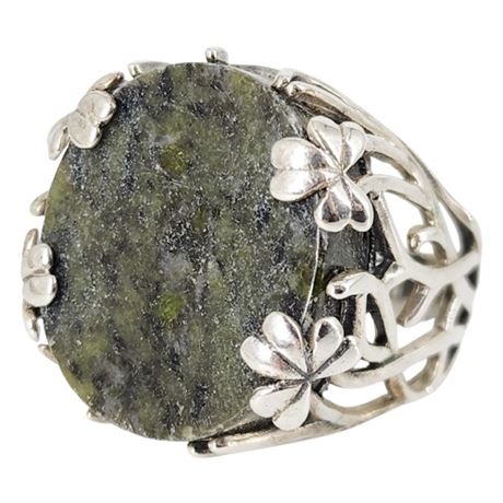 Signed SW Sterling Silver Irish Connemara Marble Shamrocks Ring, Sz 8