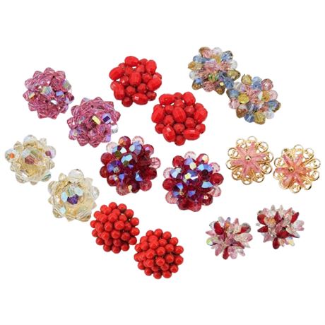 Vintage Pink/Red Bead Cluster Clip Earrings, 8 Pairs, Some Signed