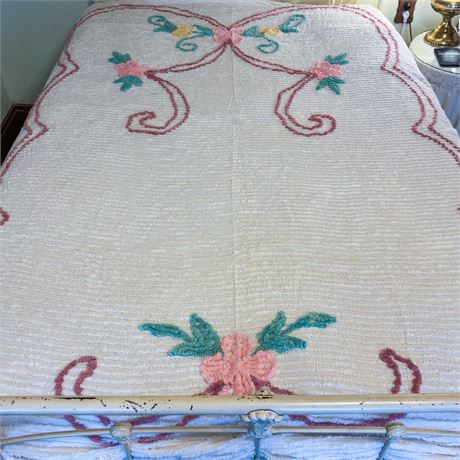 Vintage Cotton Chenille Queen-Sized Floral Bedspread