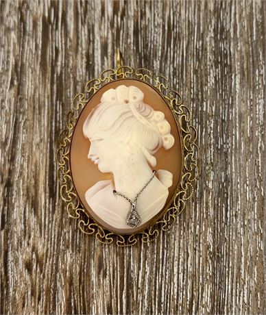 1/20 12k Gold Hand Carved Shell Cameo Brooch with Diamond Necklace