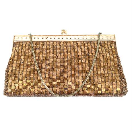 Vintage Gold-Tone Beaded Evening Clutch Purse with Chain Strap