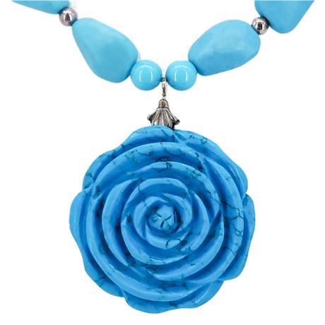 Chunky Hand Carved Rose Dyed Howlite Necklace w/ Sterling Clasp