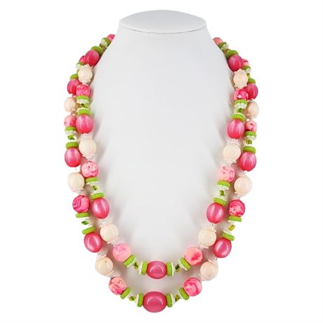 Vintage 2-Strand Pink Plastic Beaded Necklace