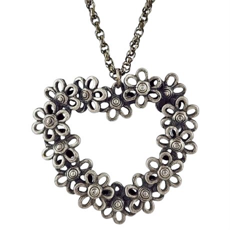 Vintage Silver Tone Flowered Heart Pendant Necklace