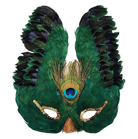 Venetian Style Feather Masquerade Mask, Green