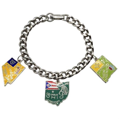Vintage Silver Tone Enameled States Charm Bracelet