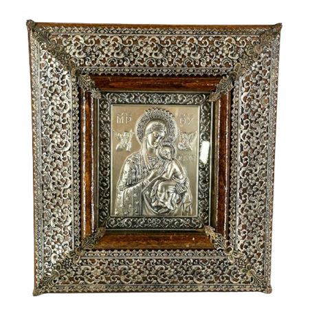 Greek Silver Embellished Religious Icon "Madonna with Child"