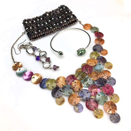 Colorful Disc Bib Necklace, Heavy Beaded Metal Rhinestone Bracelet, Crystal Cuff