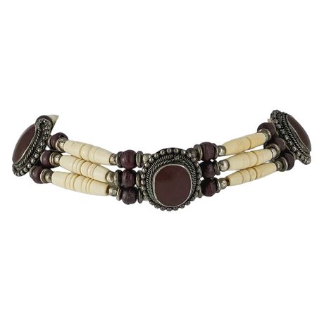 Bohemian Multi-Strand Choker Necklace — Faux Bone, Wood Beads & Red Cabochon