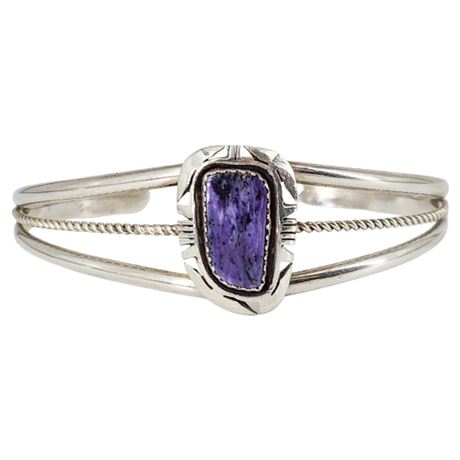 Signed Bruce Wood Navajo Sterling Silver Charoite Cuff Bracelet