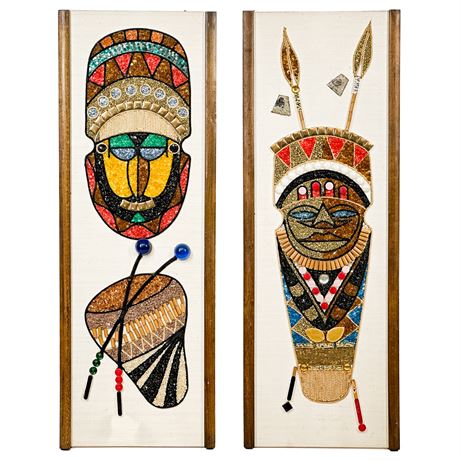 Pair of MCM African Inspired Gravel Art Panels