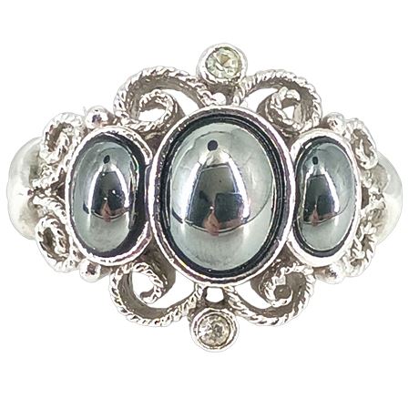 Vintage Hematite Cabochon Ring — Ornate Filigree, Size 7.5
