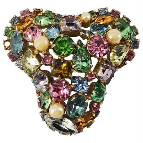 Vintage Fruit Salad Rhinestone Domed Triangular Brooch