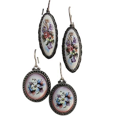 Vintage Russian Rostov Finift Floral Enamel Earrings ~ 2 Pairs
