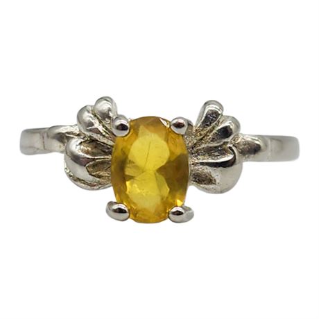 Vintage Sterling Silver Faux Yellow Stone Bow Ring, Sz 7.5