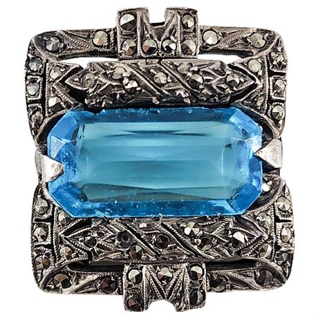 Antique Art Deco Sterling Silver Marcasite Aqua Paste Stone Brooch