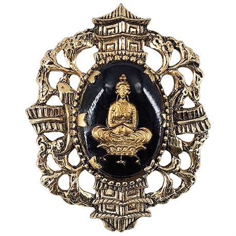 Vintage Buddhist Goddess Reverse Painted Glass Brooch