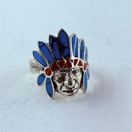 6.3g Sterling Navajo Chief Head Ring Size 9.25