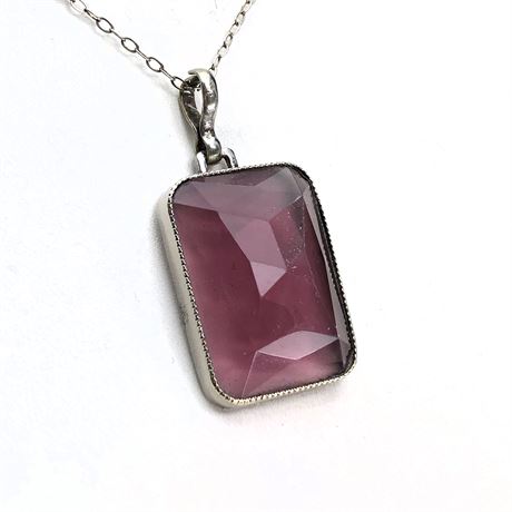 Art Deco Sterling Silver Faceted Amethyst Purple Glass Pendant Necklace