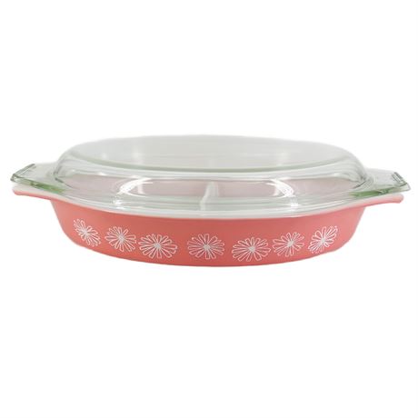 Vintage PYREX Pink Daisy Divided Casserole Dish with Lid