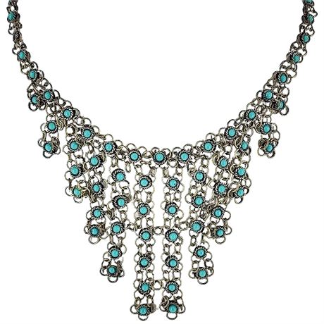Vintage Boho Silver Tone Faux Turquoise Flower Bib Necklace