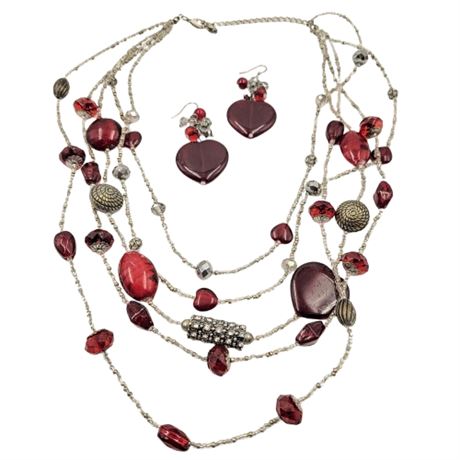 Red and Silver Glass Heart Bead Multi-Strand Necklace and Dangle Earrings