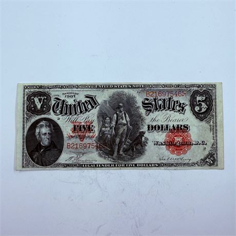 XF/Au 1907 $5 Woodchopper Legal Tender Note