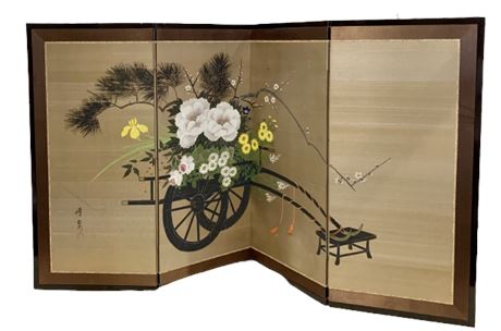 66” Japan Mid Century 4 Panel Painted Silk Oriental Folding Screen