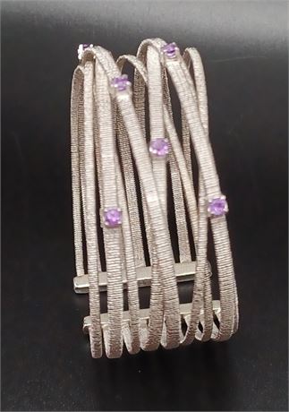 Sterling amethyst cuff bracelet 9 strand 1.5 in wide 26.14 G textured