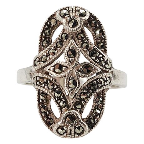 Vtg Sterling Silver Marcasite Shield Ring, Sz 6