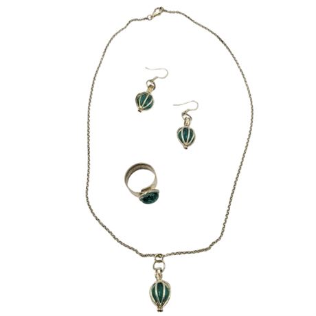 Aqua Glass Bead Pendant Necklace, Ring, and Dangle Earrings