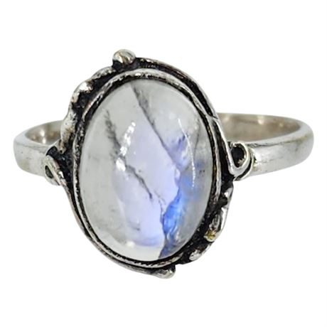 Vintage Silver Tone Moonstone Ring, Sz 8.5