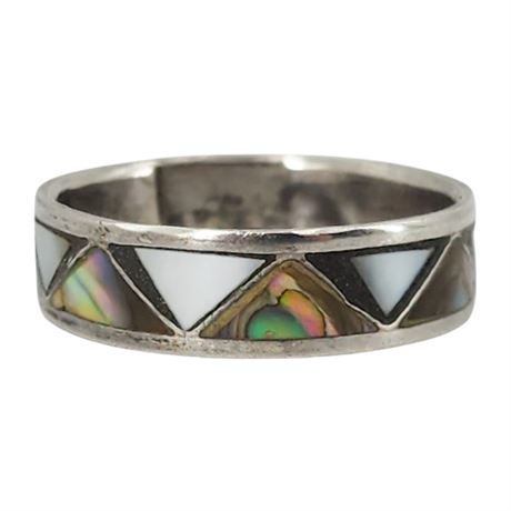 Vtg Sterling Silver Inlaid Abalone & Mother of Pearl Ring, Sz 10.25