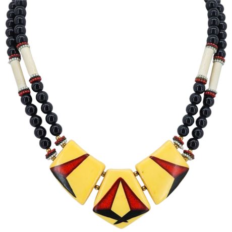 Mid-Century 2-Strand Beaded Necklace w/ Painted Atomic Panel Centerpiece