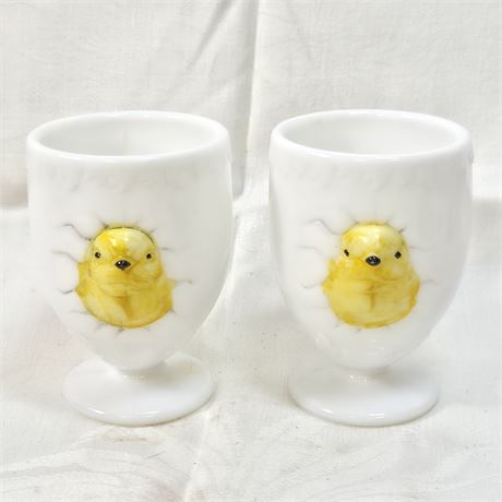 Two Raised Milk Glass Egg Cups