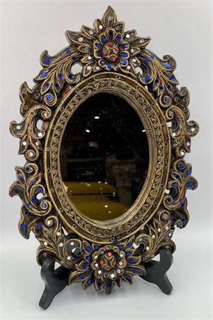 Thai 14” Carved Wood Lacquered Oval Wall Mirror
