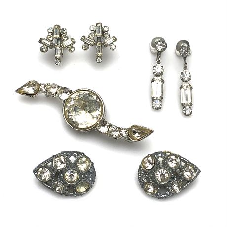 Vintage Pot Metal Scatter Pins, Brooch & Rhinestone Earrings