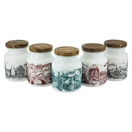 Five Vintage German Milk Glass Mustard Jars w/ Faux Woodgrain Lids