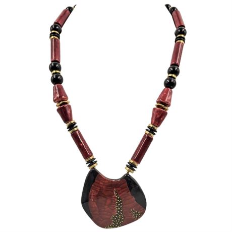 Plastic Bead and Wooden Pendant Statement Necklace