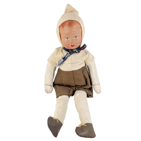 Vintage Cloth Doll With Composite Head and Original Cloth Outfit