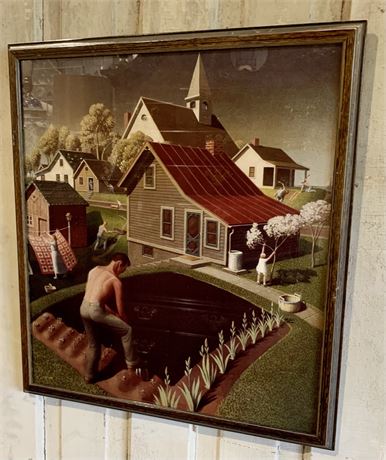 “Spring in Town” Framed Vintage Lithograph by Artist Grant Wood