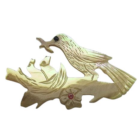 Hand Carved Mother Of Pearl Pin ~ Bird Feeding Babies in the Nest
