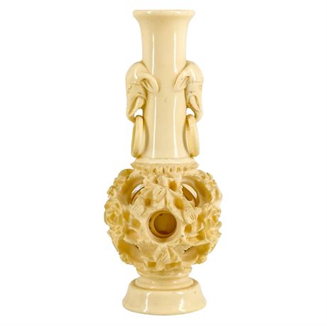 Vintage Chinese Faux Ivory Puzzle Ball Vase