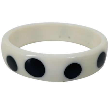 Vintage Lucite Bangle Bracelet, White with Black Polka Dots