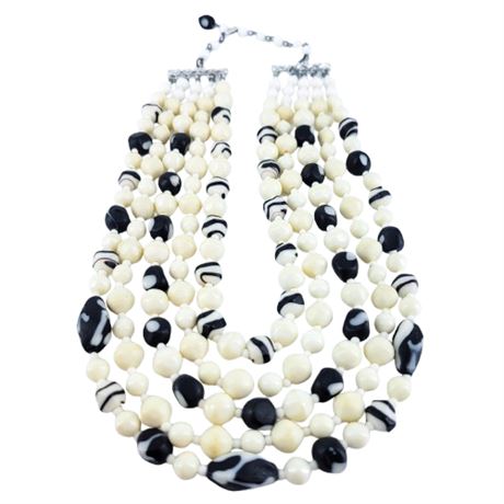 Vintage 5-Strand Black and Cream Beaded Necklace