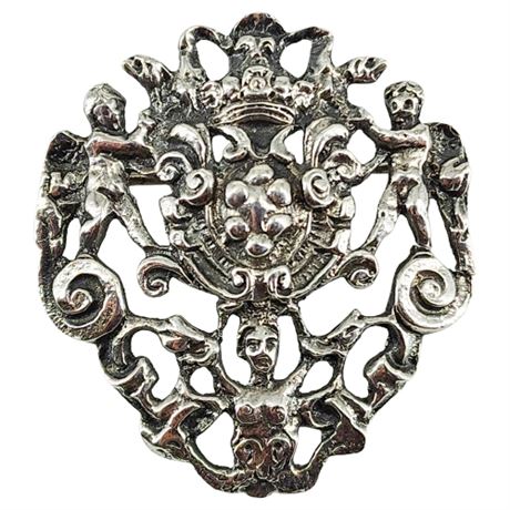 Vintage Sterling Silver Renaissance Revival Crest Brooch