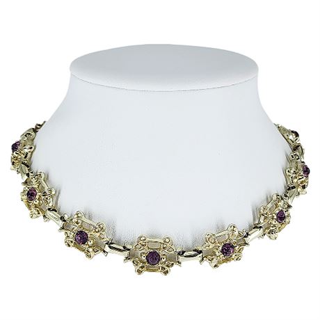 Vintage Gold Tone Purple Rhinestone Choker Necklace